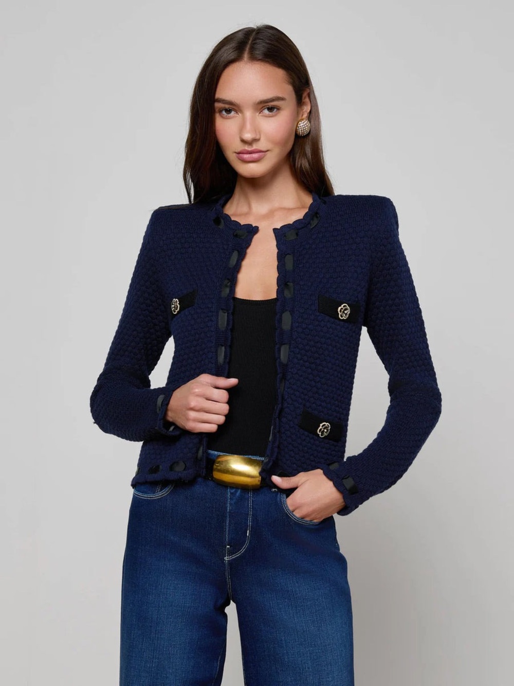 NWT L'Agence Astor Grosgrain Trimmed Cardigan Jacket In Midnight